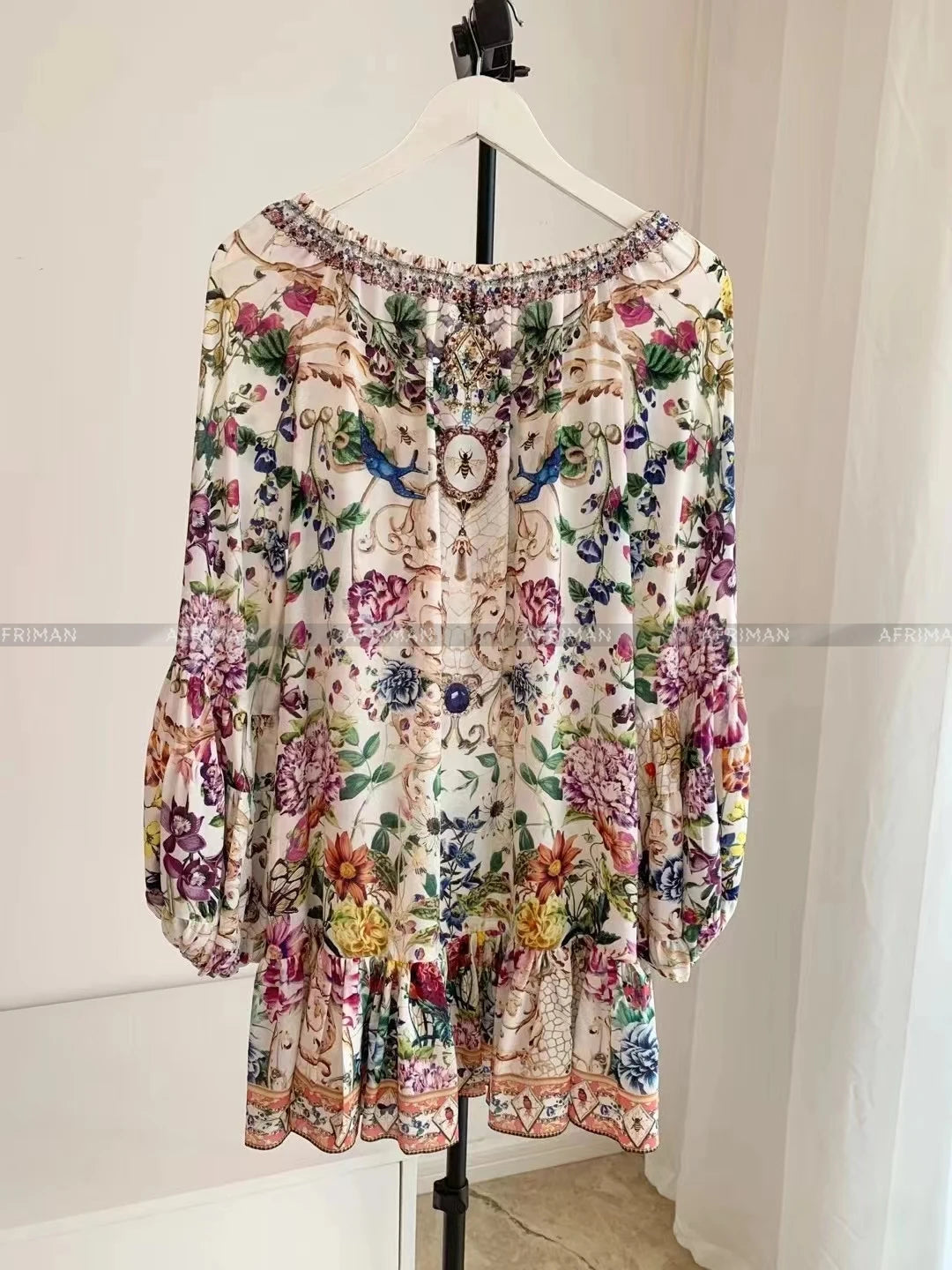 Women Retro Slash Collar Crystal Beaded Floral Print Flare Sleeve 100%