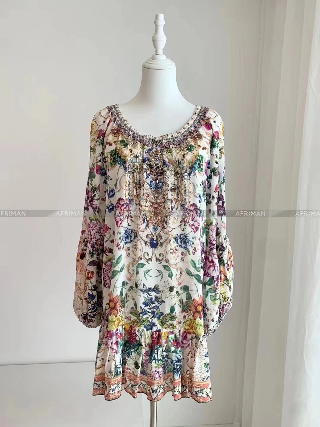 Women Retro Slash Collar Crystal Beaded Floral Print Flare Sleeve 100%