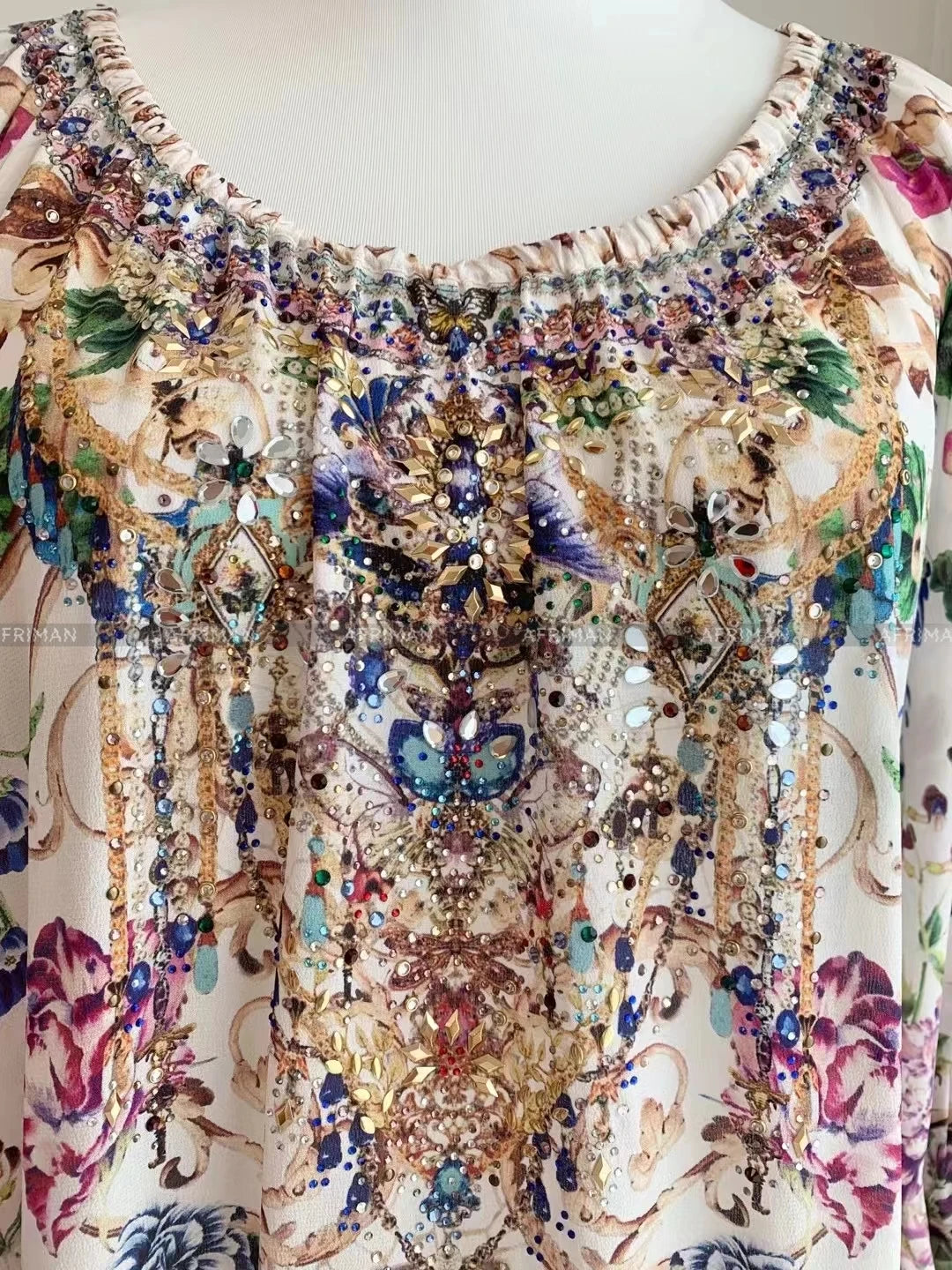 Women Retro Slash Collar Crystal Beaded Floral Print Flare Sleeve 100%