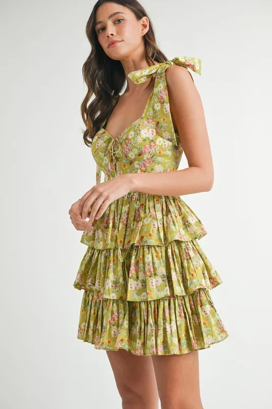 MABLE Floral Print Shoulder Tie Layered Mini Dress